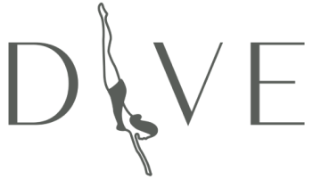 The image shows the word "DIVE" with a silhouette of a diver integrated into the letter "I".