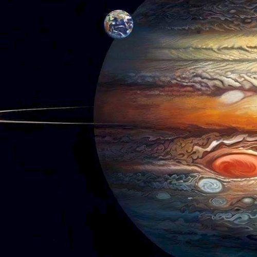 This image shows a digital artwork featuring a large planet with swirling colors, a smaller celestial body, and a spacecraft in space.