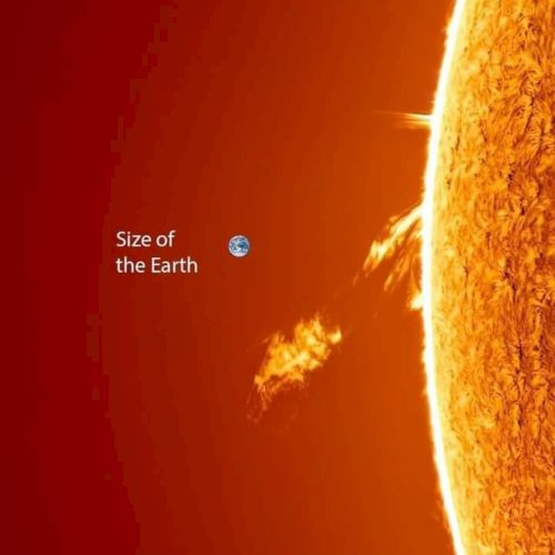 Image shows the Sun with solar flares and an Earth size comparison, highlighting Earth's relative small size against the Sun's massive scale.