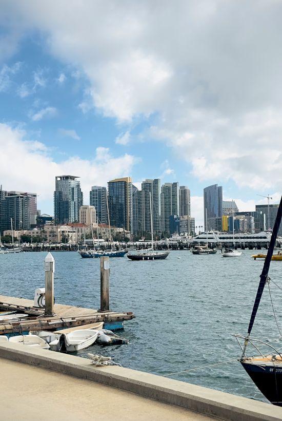 A marina with boats docked, set against a backdrop of a city's skyline under a blue sky with clouds.