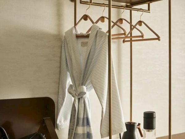 A room with a robe, hangers, a suitcase, and a shelf with plants and coffee items on a small cabinet.