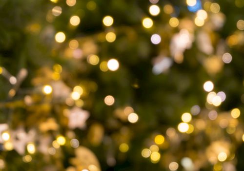 A dreamy, out-of-focus night scene with warm golden bokeh lights and greenery in the background, like festive holiday lights.