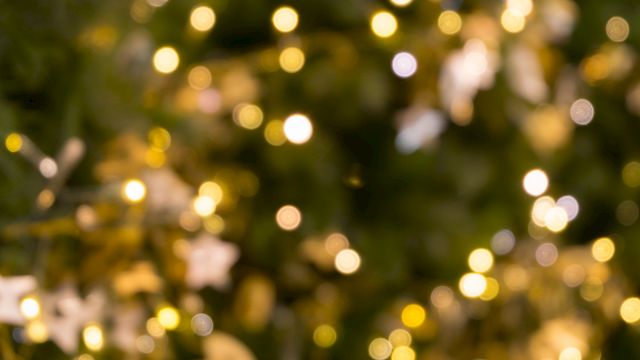 A dreamy, out-of-focus night scene with warm golden bokeh lights and greenery in the background, like festive holiday lights.