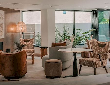A modern lounge with upholstered chairs and sofas, a central table, lots of plants, and a ceiling covered in decorative flower-like lights.
